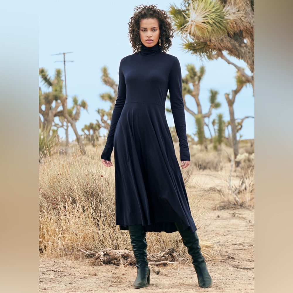 Peruvian Connection Ariana Dress Pima Cotton Blue Turtleneck Long Sleeve XS 1063